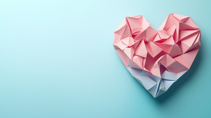 Pink origami heart on a pastel blue background with copy space, representing handmade love, creativity, and minimal modern romance.