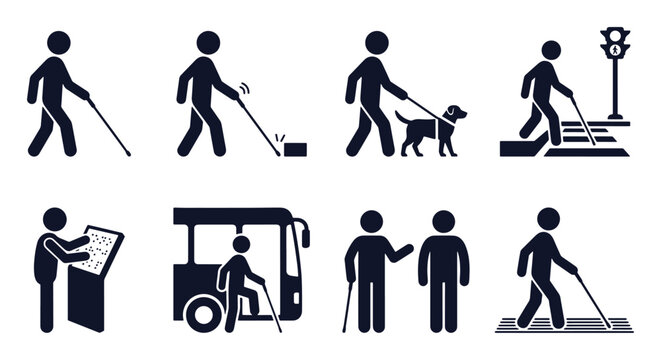 Blind people accessibility icon set. Stick figure black silhouettes &ndash; guide dog, braille board, white cane, bus assistance, tactile paving, pedestrian crossing. Flat vector pictograms