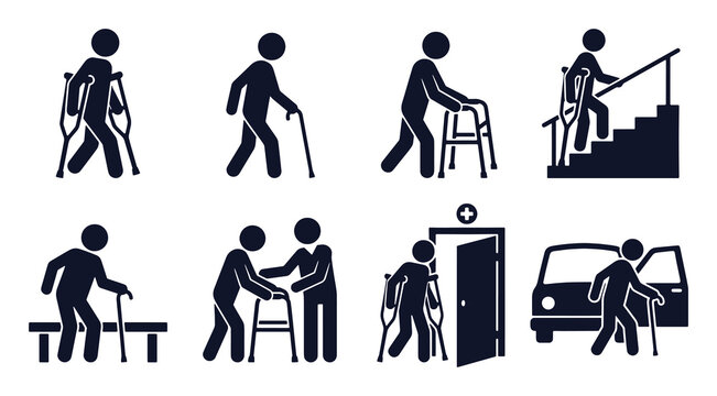 Mobility aid icon set. Stick figure black silhouettes &ndash; walking with crutches, using cane, walker frame, climbing stairs, sitting down, entering clinic, getting out of car. Flat vector pictograms