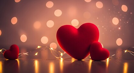 Two red hearts on a table for Valentine's Day 