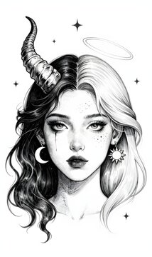 Dualistic woman with split demonic and angelic features, ethereal black and white sketch style