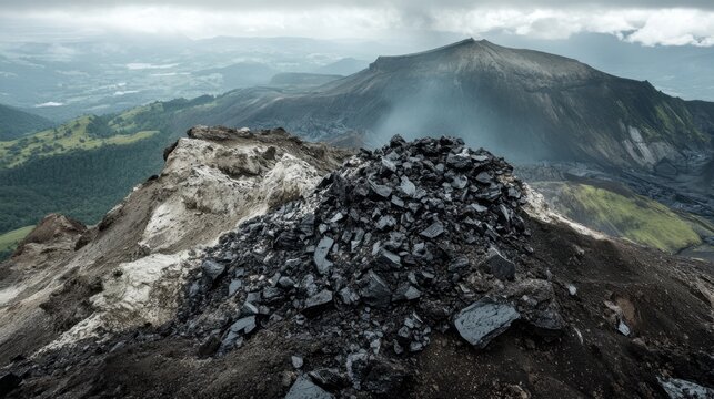 A pile of sharp dark volcanic obsidian rock shards scattered on a rugged mountain terrain with hazy distant peaks under an overcast sky