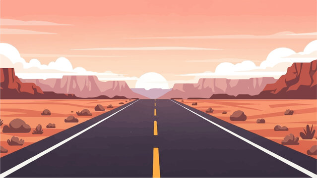 Straight desert road leading to a vast mountainous horizon under a peach sky