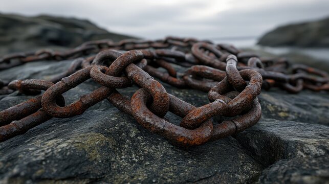 A pile of broken and rusted iron chains lies on a rock near the ocean