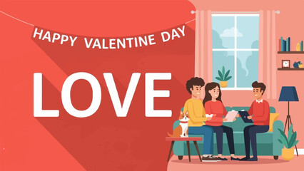 Valentine's Day banner with couple, dog, and friend discussing