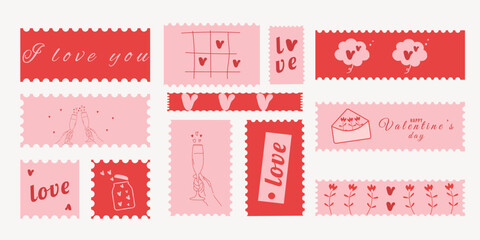 Frame wavy doodle or vector stamp and sticker set for Valentine's Day. Hand drawn brown and pink blank frames for web design. Vector illustration