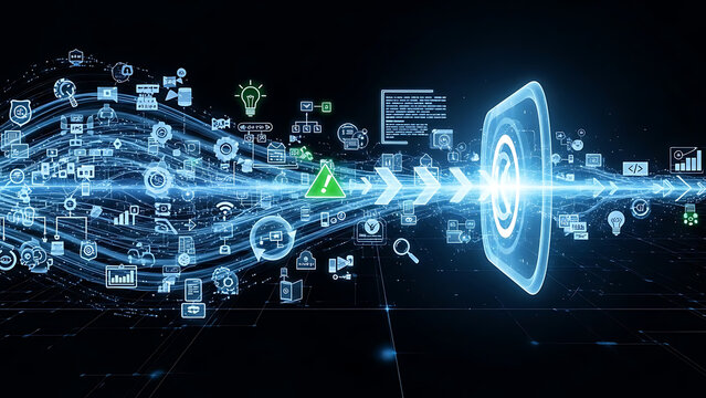 Flow of digital icons and data streams towards target symbolizing information processing and security in technology and business abstract background - Powered by Adobe