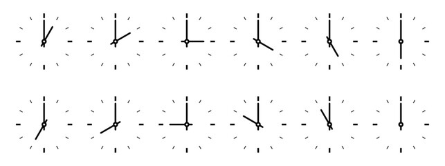 Collection of twelve minimalist analog clock icons showing different hours from one to twelve, black and white circular timepiece outline symbols, simple line art set for schedule and time management 