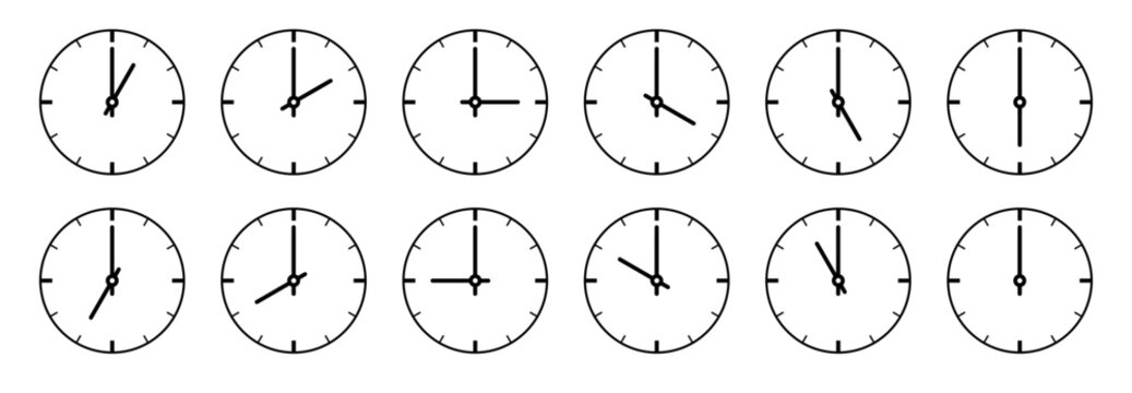 Collection of twelve minimalist analog clock icons showing different hours from one to twelve, black and white circular timepiece outline symbols, simple line art set for schedule and time management 