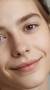 Vertical video: Smiling teen face centering on camera during studio focus, revealing subtle dimples