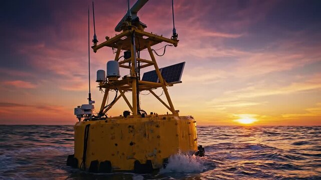 Ocean Acidification Research concept. Buoy on water during a vibrant sunset.