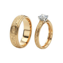 Gold wedding rings with diamond, isolated on transparent background
