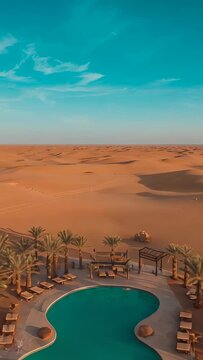 Vertical video: Launching drone revealing kidney-shaped turquoise pool amid sand dunes with palms