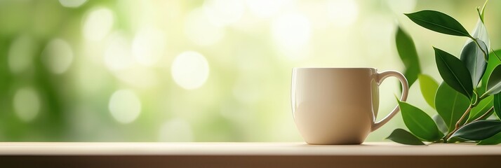 Beige coffee or tea mug on a wooden table with fresh green leaves. Blurred green nature background with sunlight and bokeh effect. Banner with copy space
