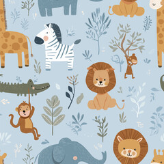 Fototapeta premium Safari animals pattern with giraffes, elephants, and lions on a light blue background. Cute cartoon jungle animals seamless pattern