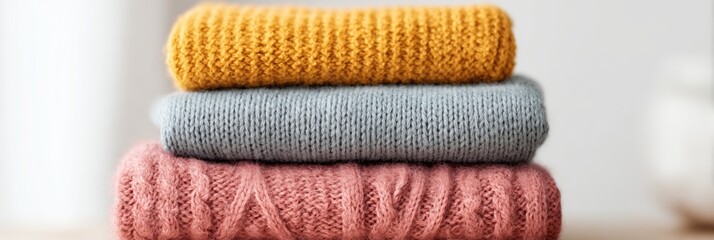 Stacked knitted sweaters in warm colors, cozy textile background banner. Panoramic web header. Wide screen wallpaper