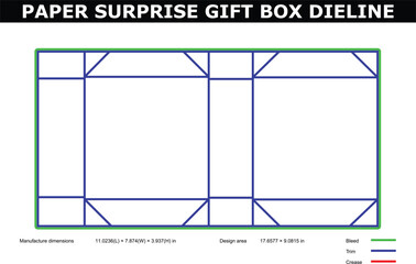 A technical diagram of a paper surprise gift box die line with precise measurements and design specifications.