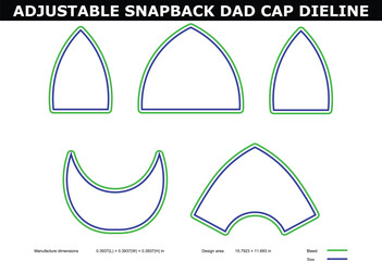 A technical diagram of an adjustable snapback dad cap die line with various design outlines