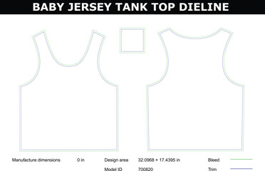 A technical drawing of a baby jersey tank top die line with precise measurements and design specifications.