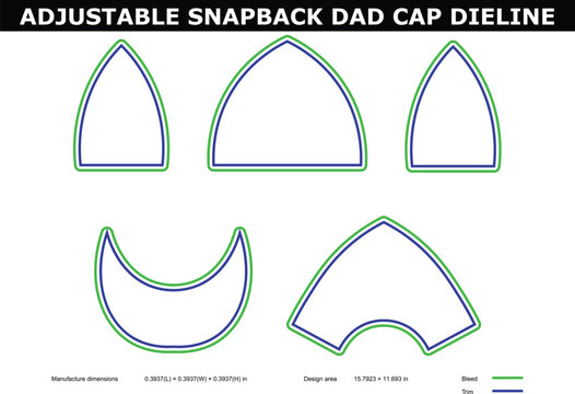 A technical diagram of an adjustable snapback dad cap die line with various design outlines