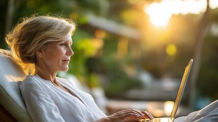 Middle-aged blonde woman working with laptop in garden on sun lounger, faceless person, green home office concept, outdoor productivity, defocused nature setting, with copy space