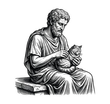 Ancient Philosopher Holding Cat &ndash; Vintage Engraving Illustration