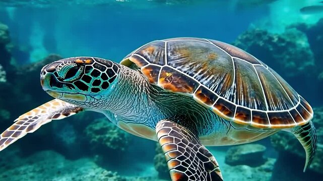 Underwater view of a turtle swimming in clear ocean waters near coral reef during sunny day