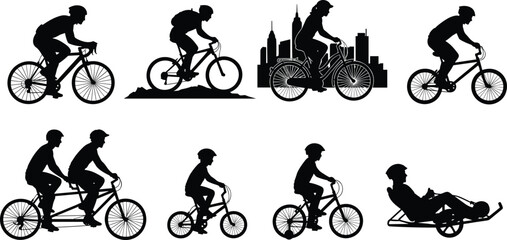 Obraz premium Cad drawing, flat vector illustration, bicycle silhouettes, cycling styles, urban sport, road bike, mountain bike, tandem, BMX, child rider, tricycle