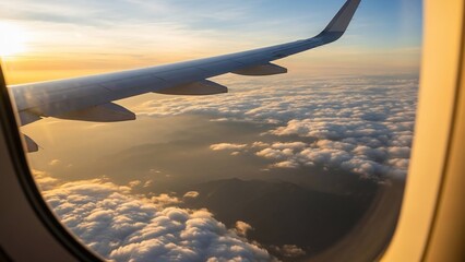 Obraz premium Airplane wing view above a beautiful cloudscape at golden hour
