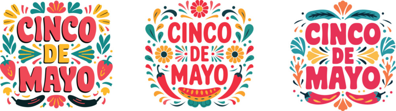 Colorful Cinco de Mayo typography set with Mexican holiday decorations