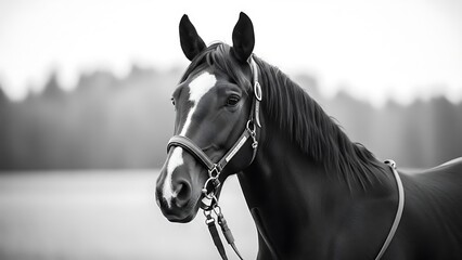 Black Horse Portrait with Bridle and Reins.