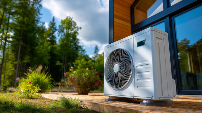 Medium shot of modern heat pump unit installed outside newly built home, sustainable energy use showcase, efficient heating cooling, eco-friendly technology, with copy space