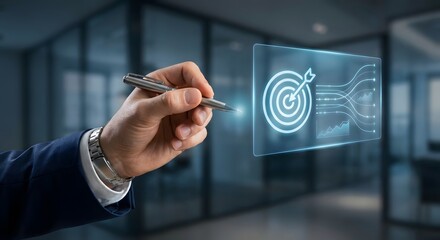 A businessman hand-drawing a target on a digital screen in an office setting for goal achievement and business strategy concept
