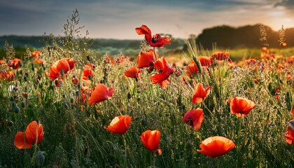 Obraz premium Vibrant Red Poppies Dancing In A Lush Green Meadow Celebrating The Beauty Of Spring And Remembrance Symbolizing Peace And Tranquility