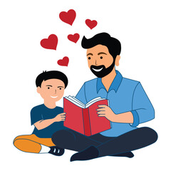 Father reading bedtime story to son. Man reading a book with his son, father's day vector template poster. Vector illustration. Teacher is teaching his student.