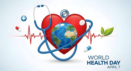 World health day awareness illustration with heart and stethoscope