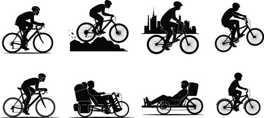 Obraz premium Silhouette vector set of cyclists on various bicycle types including road, mountain, BMX, tandem, and recumbent, ideal for sport, lifestyle, and motion-themed design.