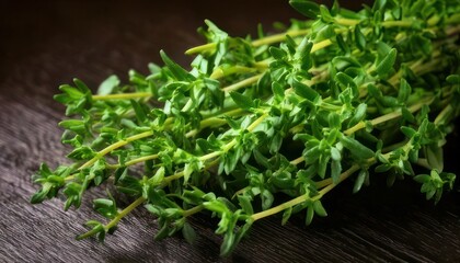 Fresh Thyme Sprigs on Rustic Wooden Surface - Aromatic Herb Still Life.