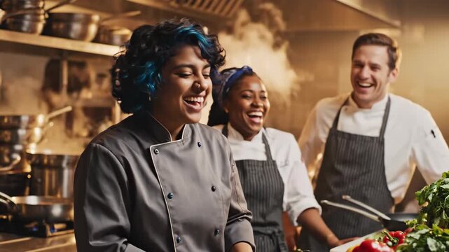 Group of happy restaurant chefs working together in commercial kitchen. Diverse culinary team enjoys cooking. Professional catering.