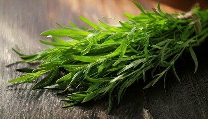 Fresh Tarragon Herb Bunch on Rustic Wooden Surface.