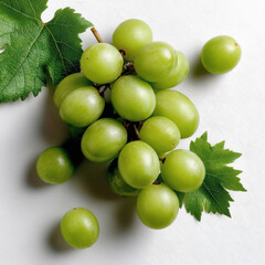 Green grape cluster with fresh leaves on white background, vibrant and juicy fruit, healthy snack, natural and organic produce