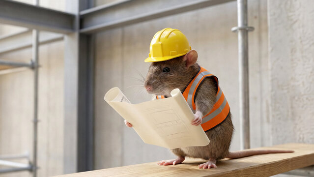 Rat wearing hard hat and safety vest looking at blueprint. Animal dressed as construction worker on building site. Metaphor for small business.