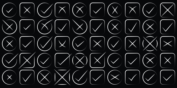 Check tick mark icon set, hand drawn doodle red cross box x check mark green checkbox v, sketch marker checklist symbol right and wrong set - stock vector. Hand drawn doodle grunge vector check mark. 