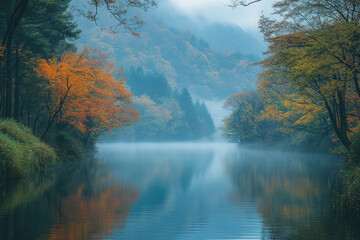 Obraz premium Trees on the riverbank create a serene scene with fog hanging in the air.