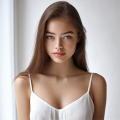 Young woman with fair skin, blue eyes, long brown hair, wearing white top, natural makeup, soft light, serene mood