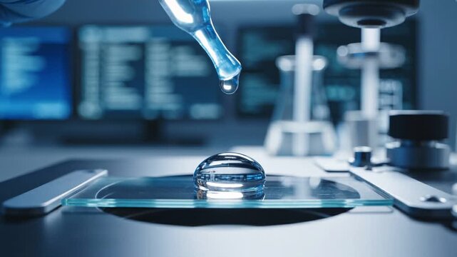 Ocean Acidification Research concept. Laboratory dropper releasing liquid onto a glass slide for analysis.