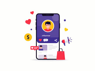 Flat design illustration vector of a smartphone with a social media profile on the screen and various icons floating around it on a white background.