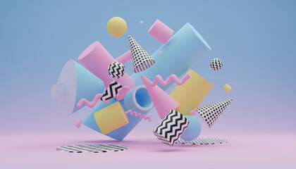 Abstract 80s Memphis design background with pastel geometric shapes