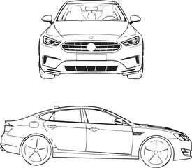 set of simple black and white line art drawing of a modern car