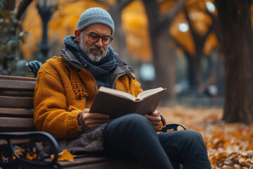 Older man engrossed in book on park bench.
